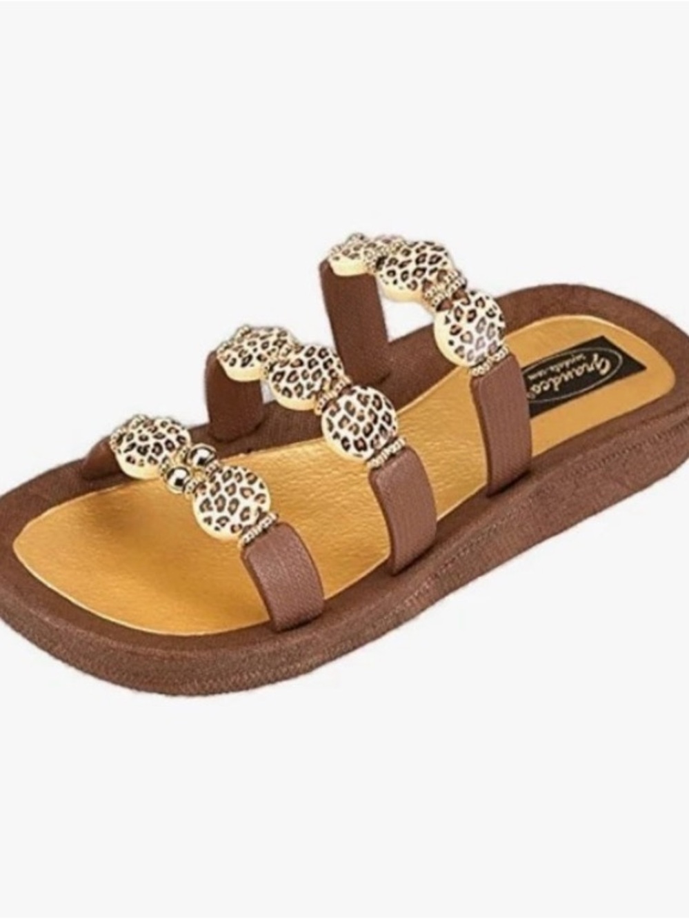 Grandco Sandals Women’s Size 8 Brown Leopard Beaded Comfort Slide Sandals
